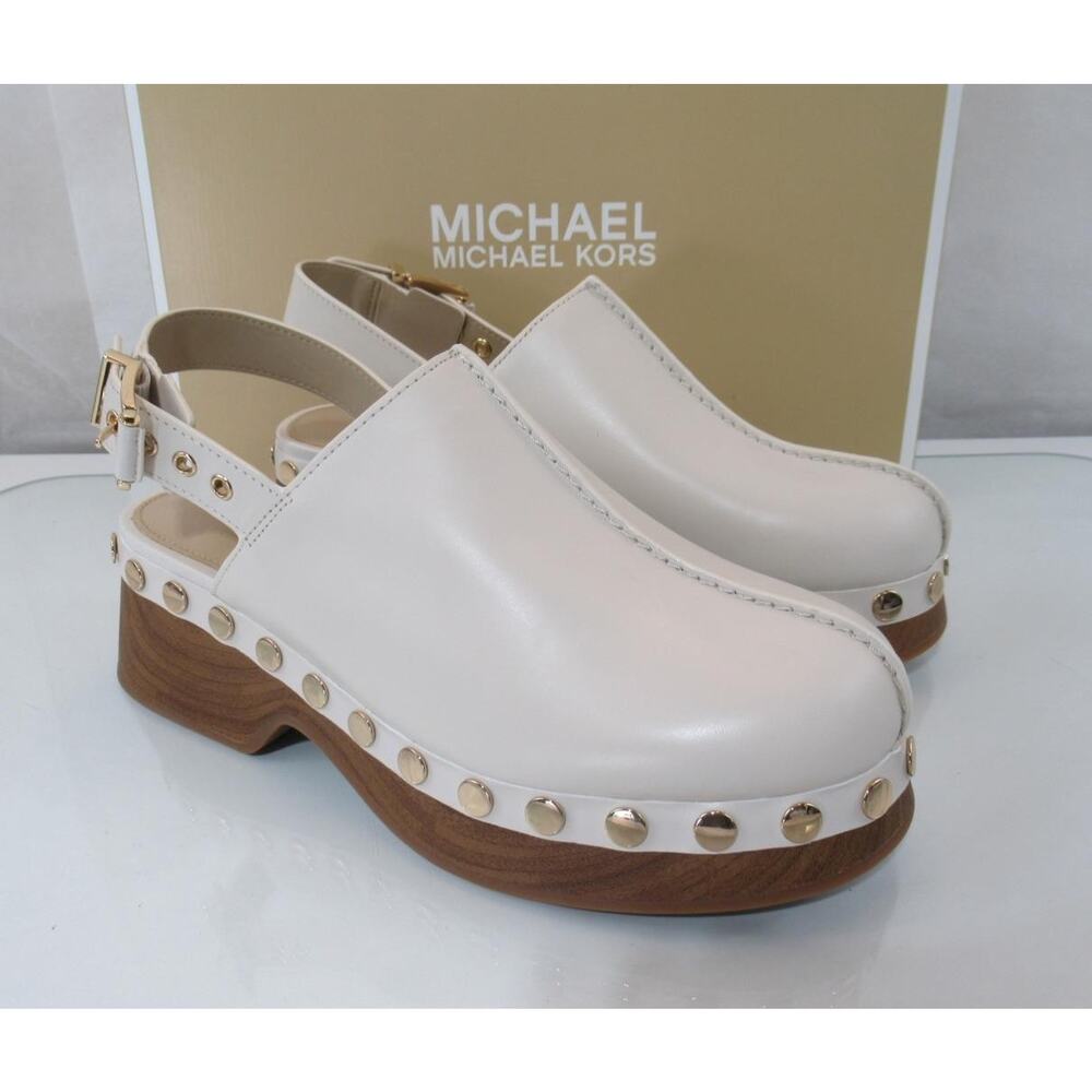 Michael Kors Size 7 Esra Clog Mule Studded Slingback Strap Buckle Cream Leather - Picture 4 of 9